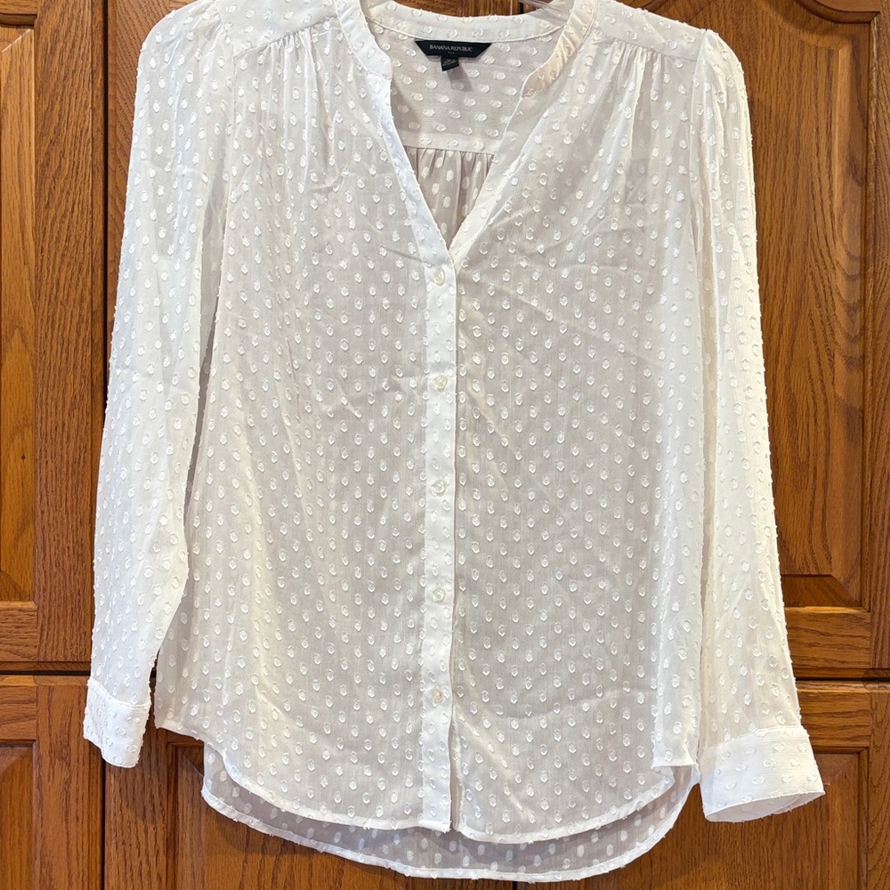 Banana Republic Sheer White “Polka Dot” Button Down Blouse-Size M